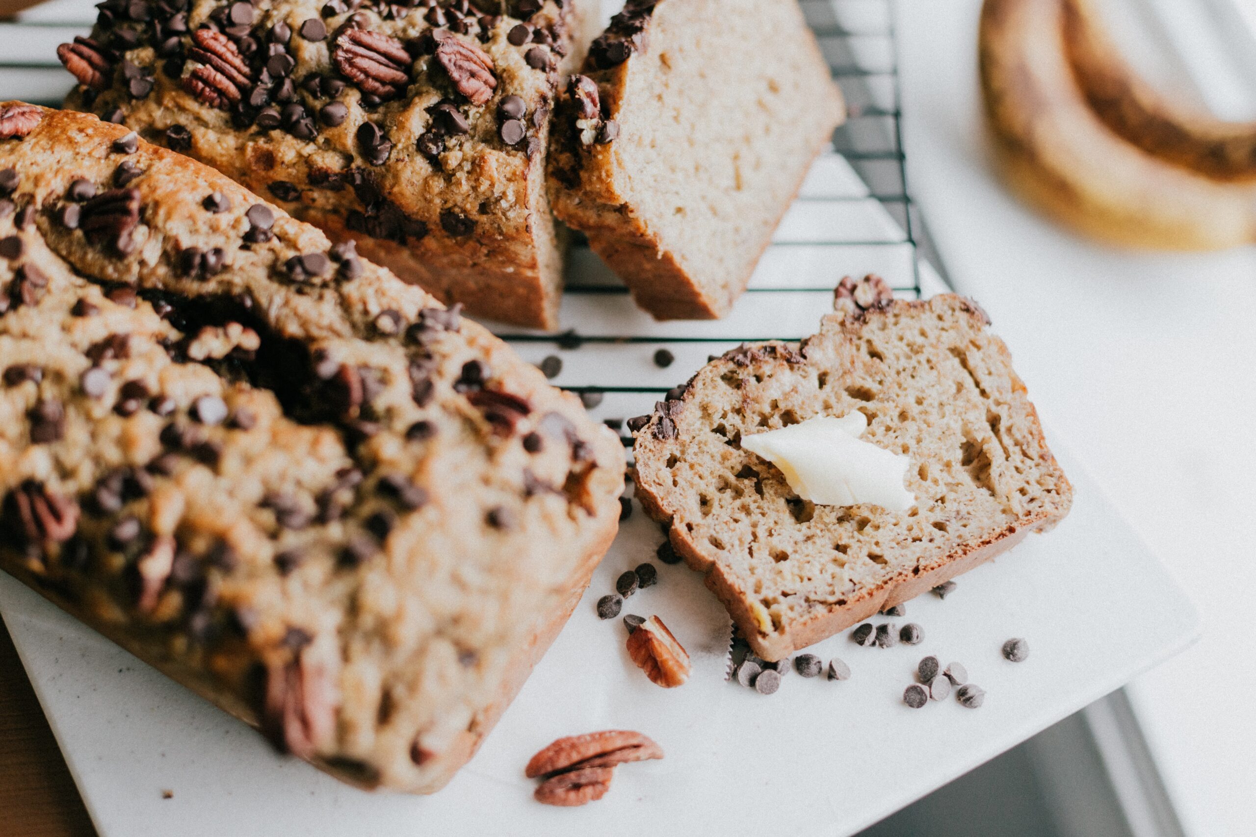 Banana bread with chocolate chips and pecans