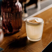 a drink sitting on a table