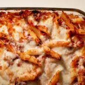 Baked ziti in a tray